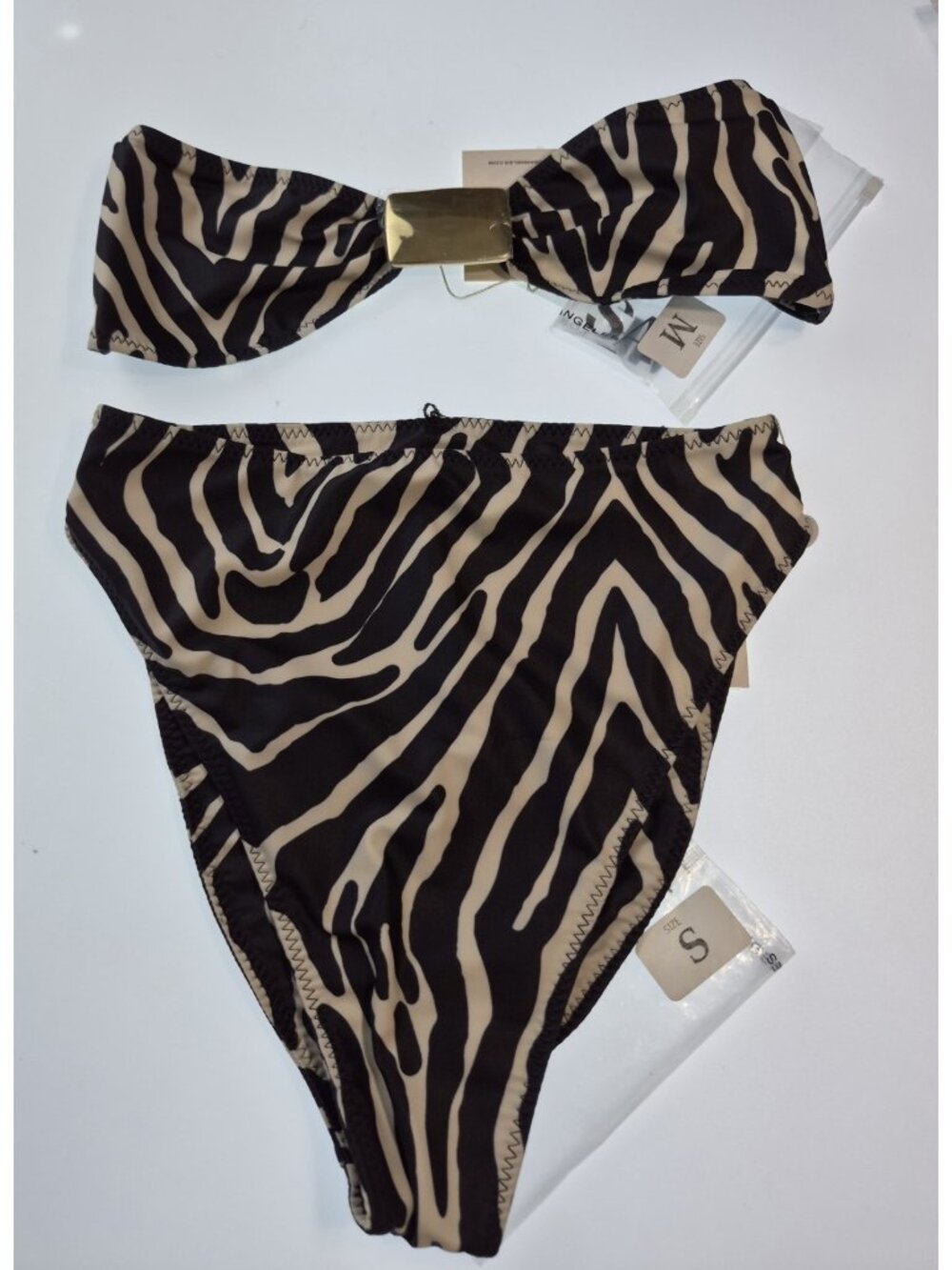 SAME LA Zebra Bikini Set NWT Top M Bottom S Gold Buckle Bandeau High Cut